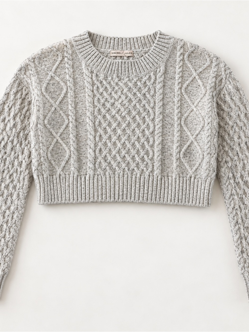 SINCERELY JULES GRAY CABLE KNIT CROPPED SWEATER WOOL BLEND (M)